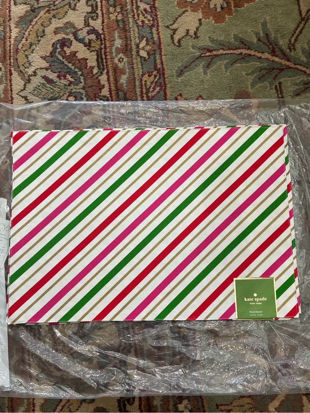 Kate Spade Candy Stripe Christmas Holiday Placemat Red White Green Gold NWT